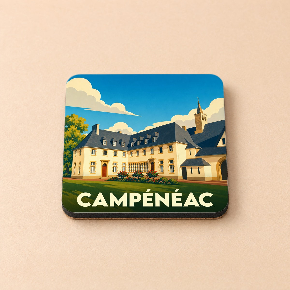 Dessous de verre souvenir de la ville de Campénéac avec une illustration stylisée d'un manoir breton.