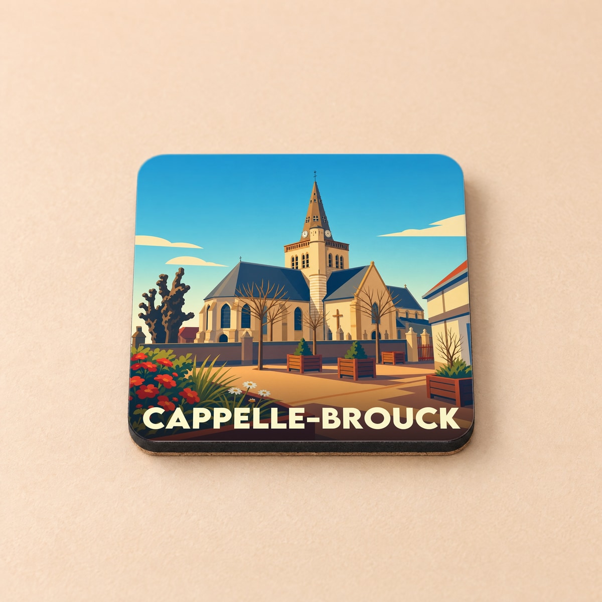 Dessous de verre souvenir de la ville de Cappelle-Brouck avec une illustration stylisée de son église.