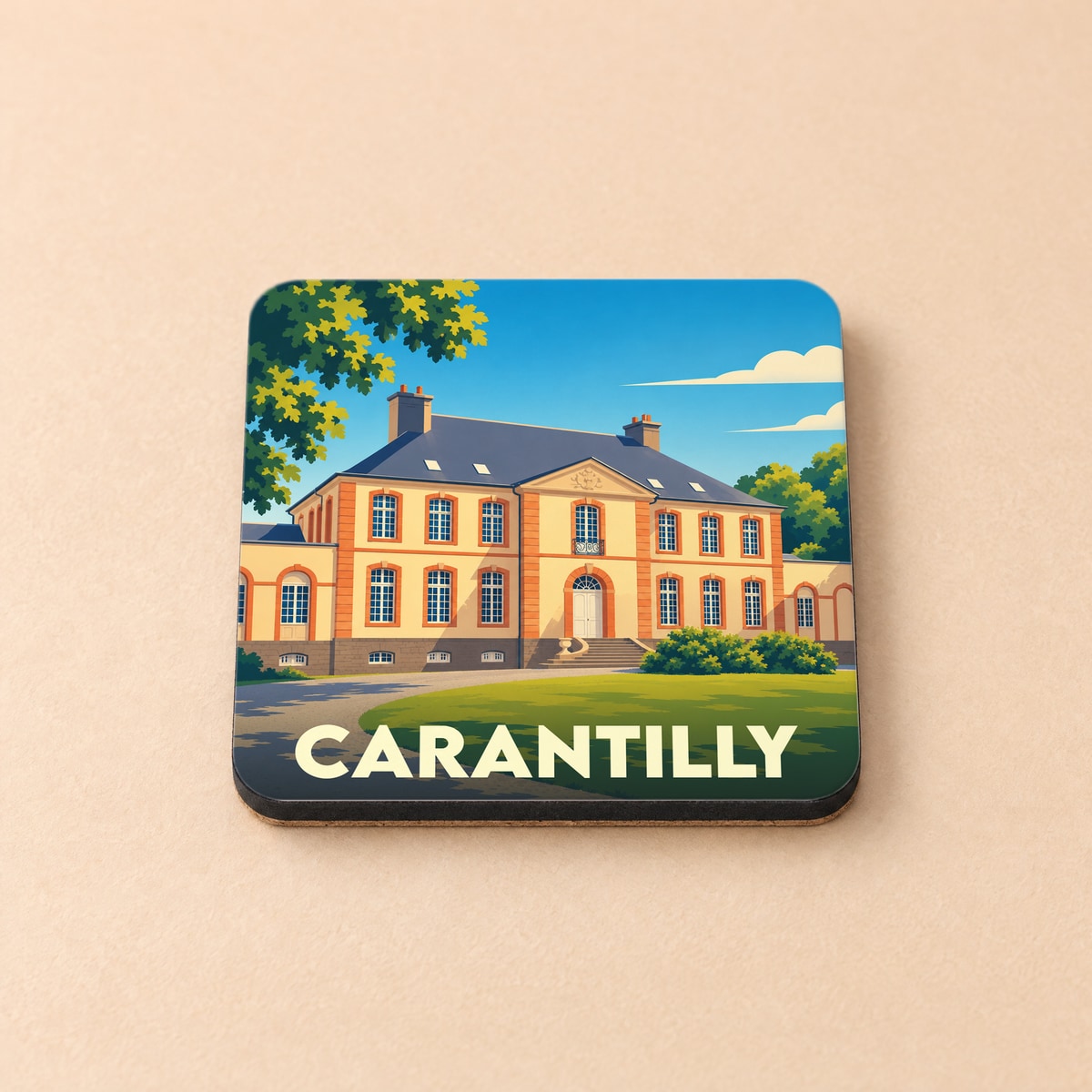 Dessous de verre souvenir de la ville de Carantilly illustrant une élégante demeure bourgeoise.