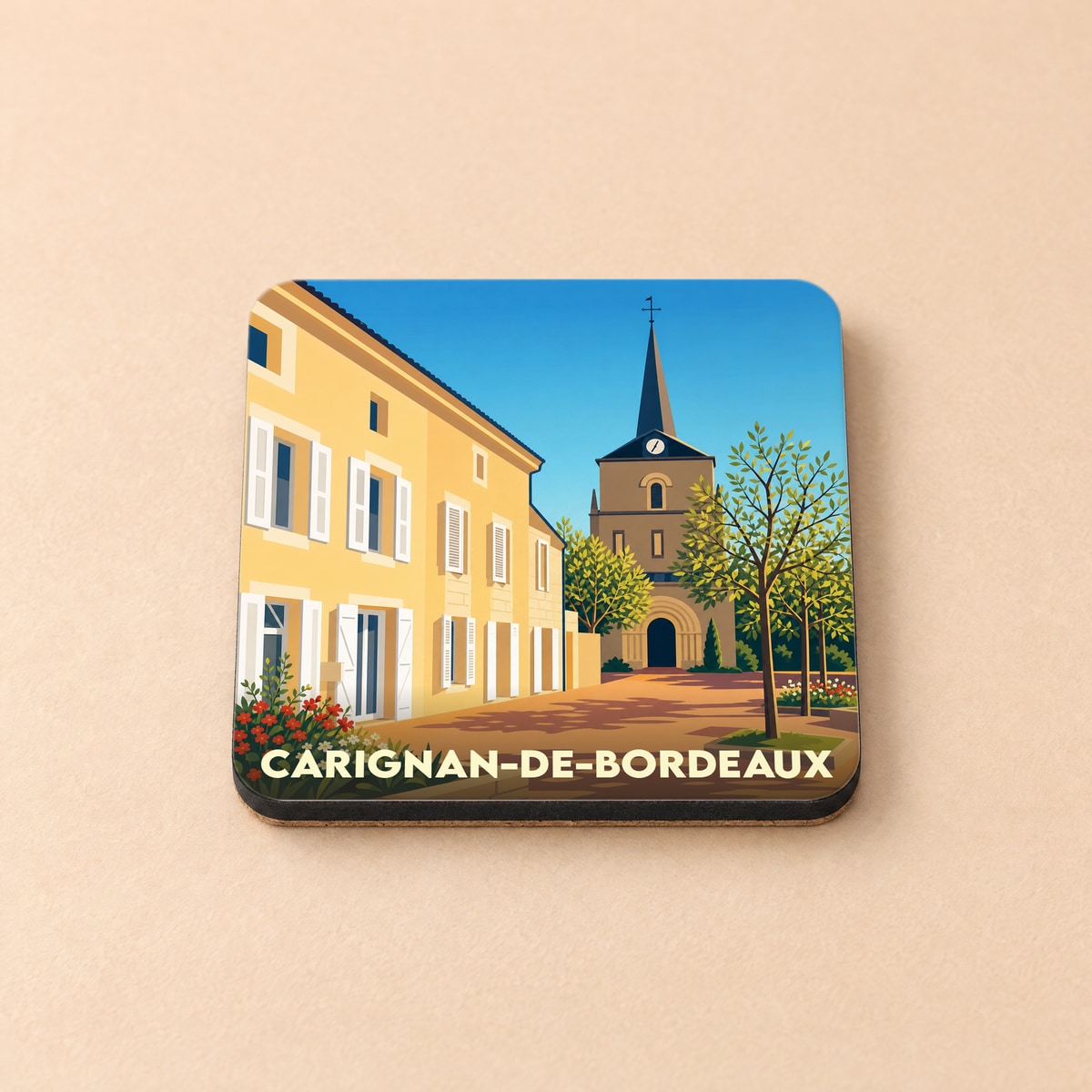 Dessous de verre souvenir de la ville de Carignan-de-Bordeaux avec une illustration stylisée.