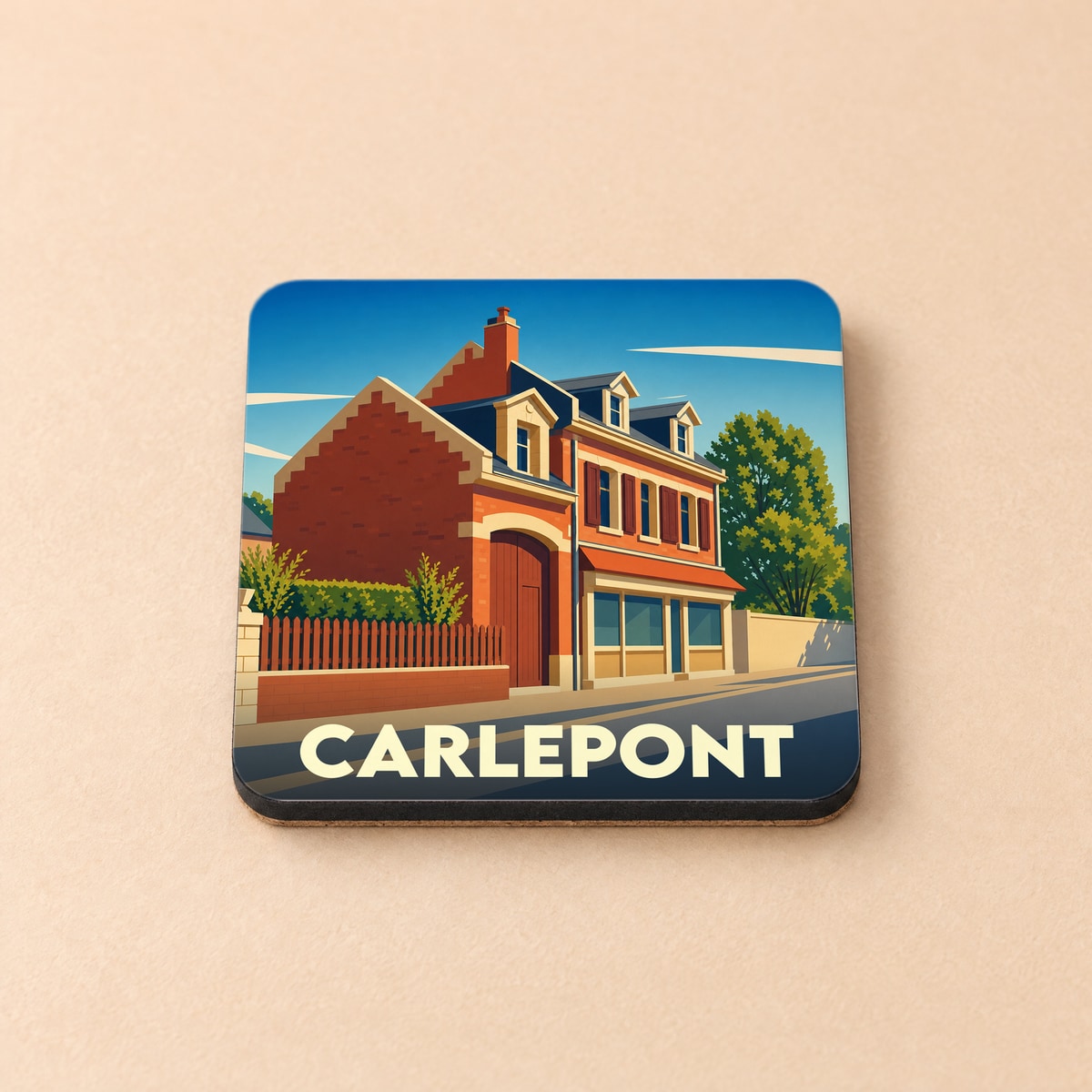 Dessous de verre souvenir de la ville de Carlepont avec une illustration stylisée d'une maison traditionnelle.