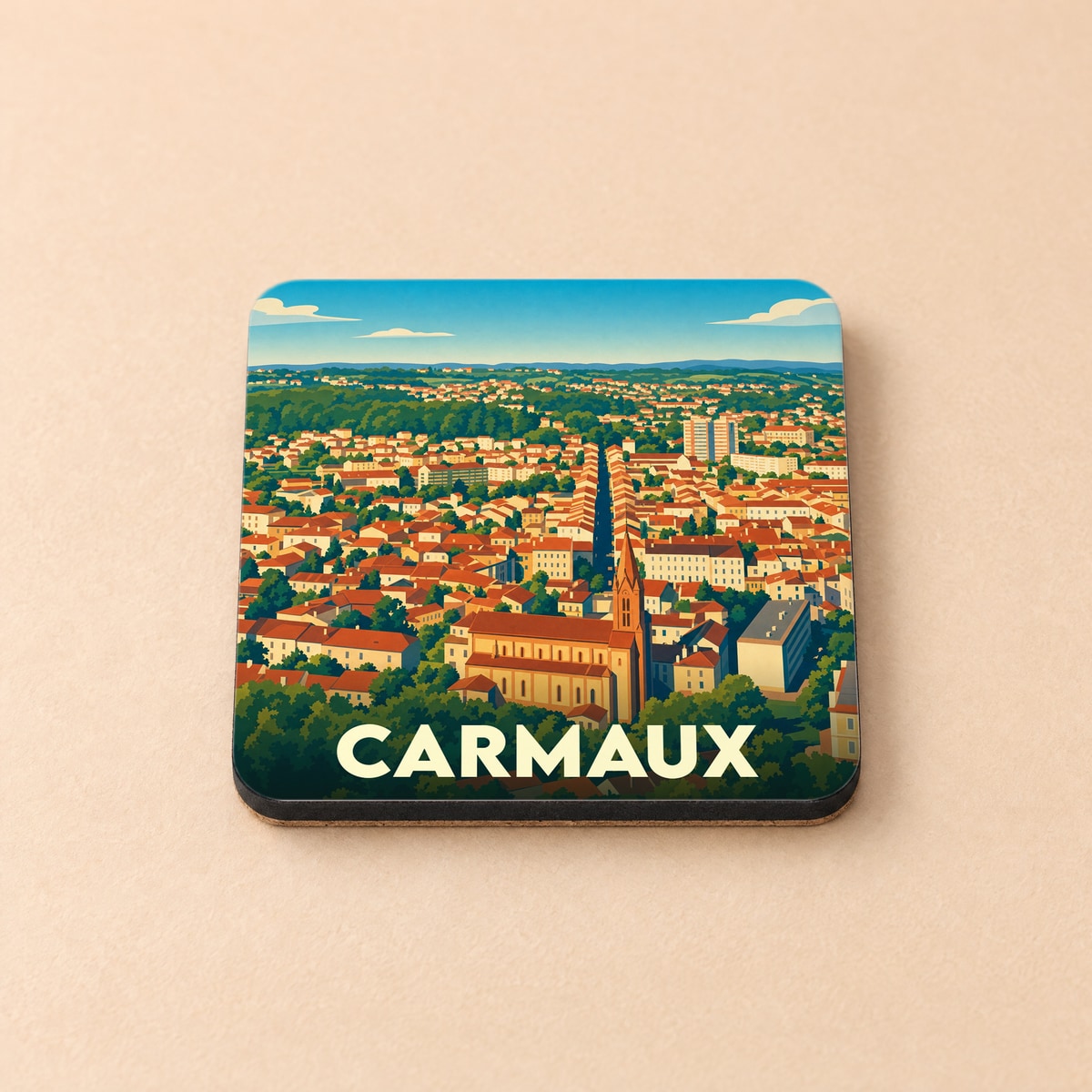Dessous de verre souvenir de la ville de Carmaux avec une illustration stylisée d'un panorama urbain.