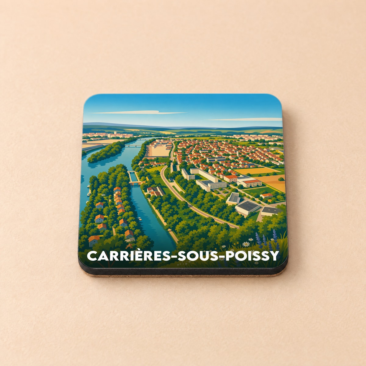 Dessous de verre souvenir de la ville de Carrières-sous-Poissy avec une illustration stylisée.