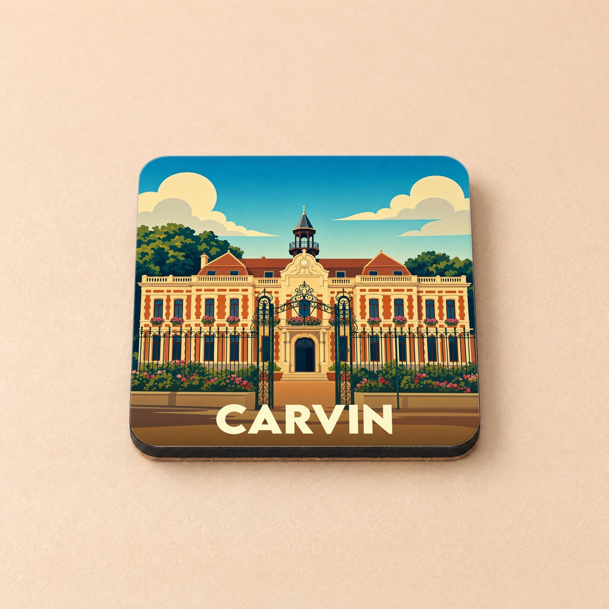 Dessous de verre souvenir de la ville de Carvin avec une illustration stylisée de son hôtel de ville.