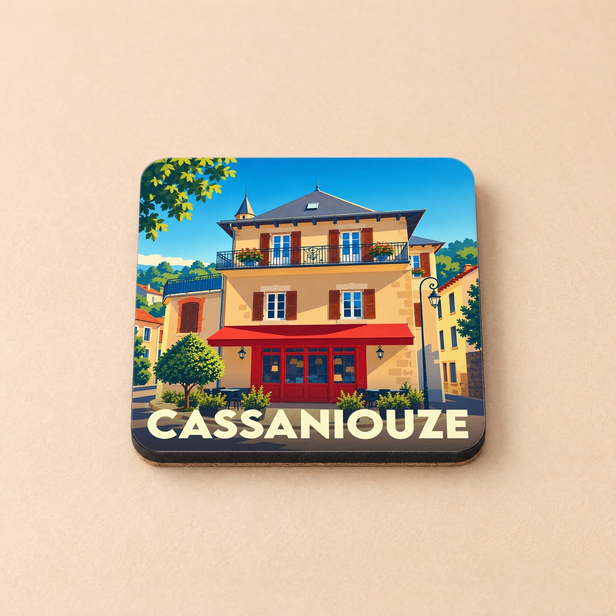 Dessous de verre souvenir de la ville de Cassaniouze avec une illustration stylisée d'un bâtiment typique.