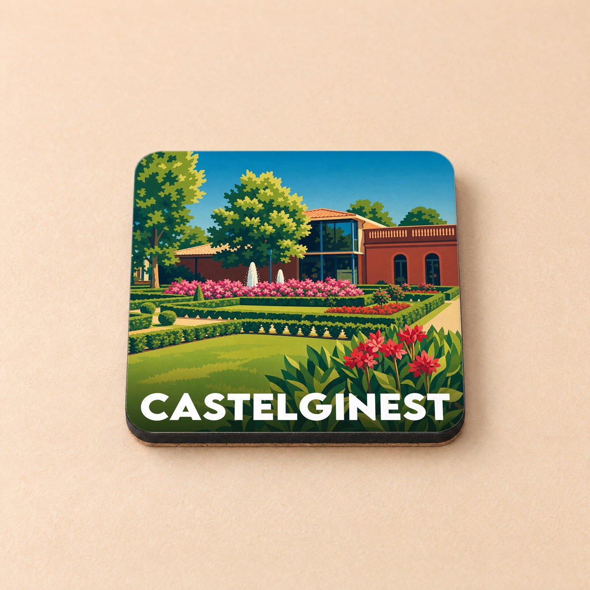 Dessous de verre souvenir de la ville de Castelginest avec une illustration stylisée de son parc et de ses jardins.