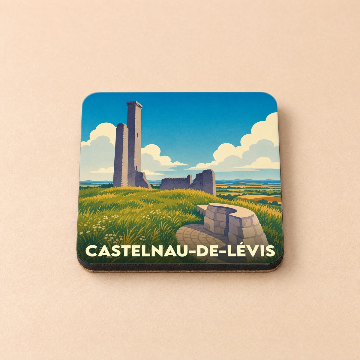 Dessous de verre souvenir de la ville de Castelnau-de-Lévis avec une illustration stylisée de ses ruines médiévales.