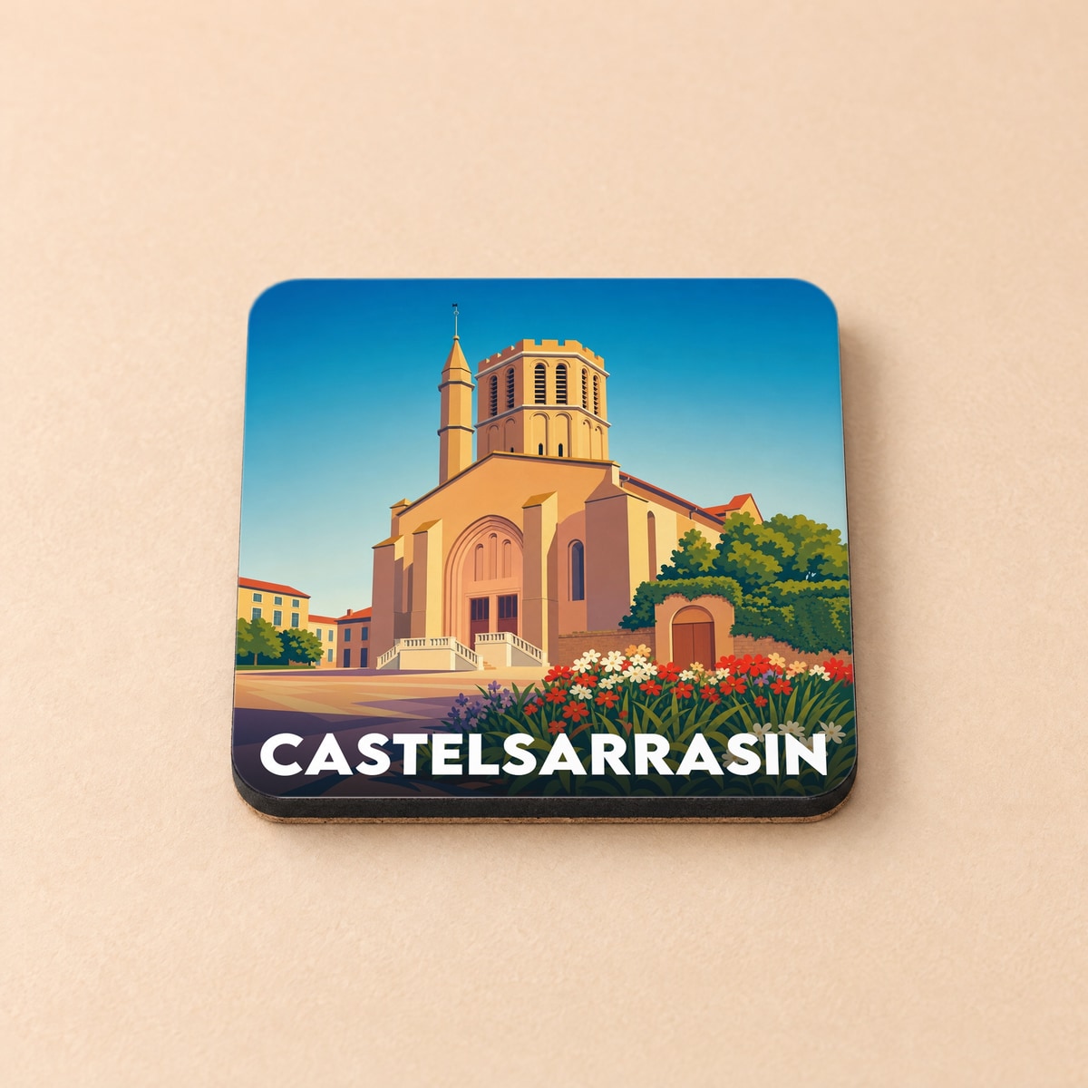 Dessous de verre souvenir de la ville de Castelsarrasin avec une illustration stylisée d'une église sous un ciel bleu.