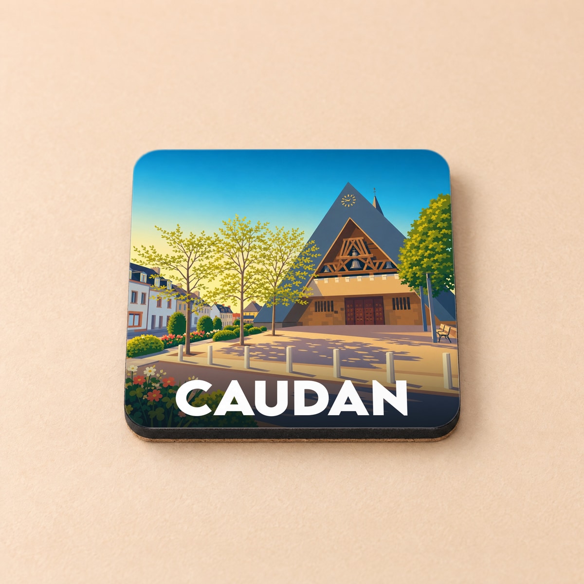 Dessous de verre souvenir de la ville de Caudan avec une illustration stylisée de son église moderne.