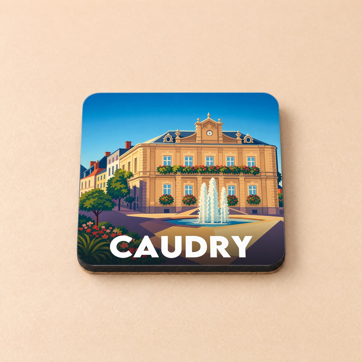 Dessous de verre souvenir de la ville de Caudry avec une illustration stylisée de son hôtel de ville.
