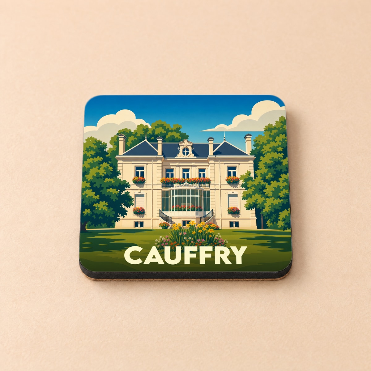 Dessous de verre souvenir de la ville de Cauffry avec une illustration stylisée d'une grande demeure bourgeoise.