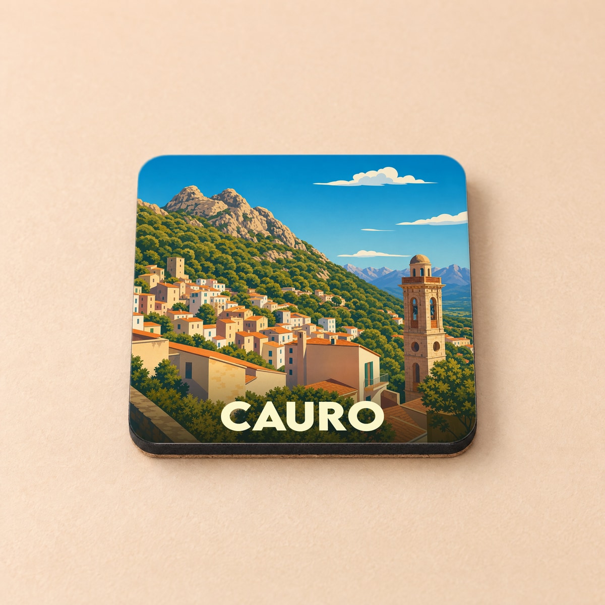 Dessous de verre souvenir de la ville de Cauro avec une illustration stylisée d'un village de montagne corse.
