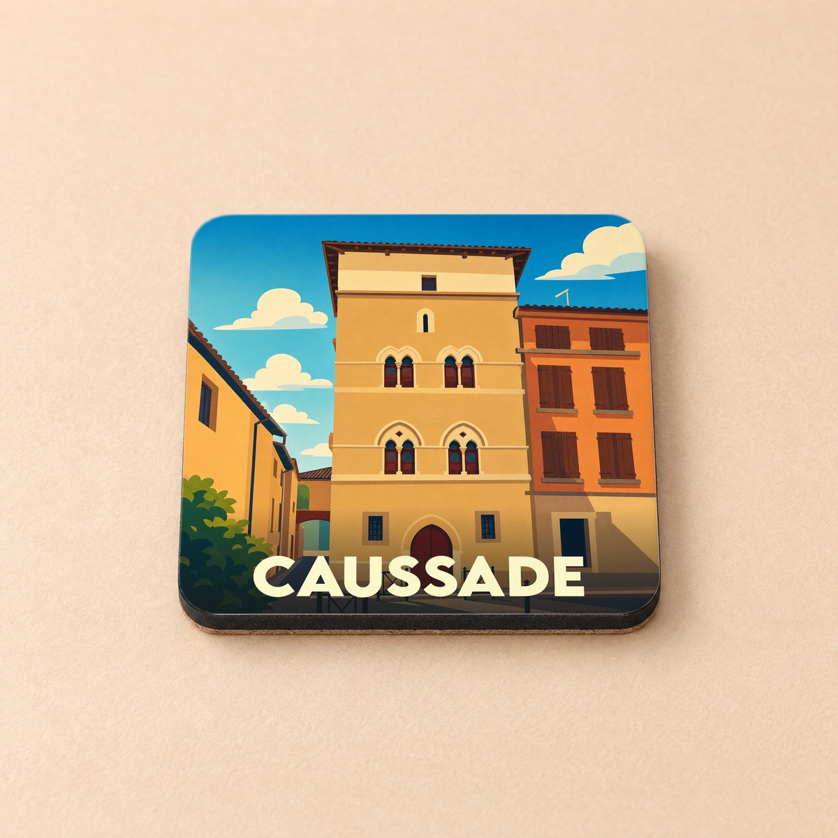 Dessous de verre souvenir de la ville de Caussade avec une illustration stylisée de son architecture locale.