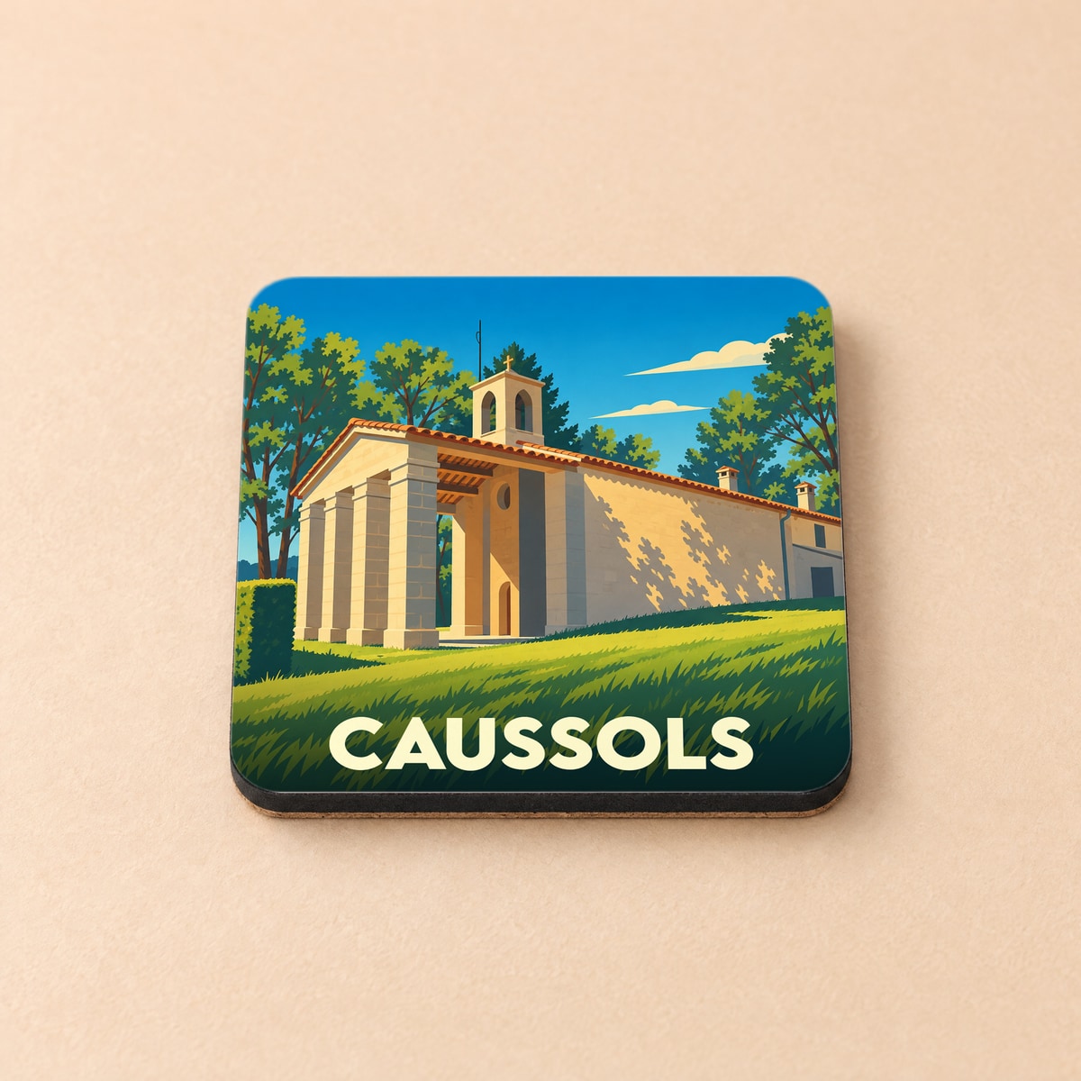 Dessous de verre souvenir de la ville de Caussols avec une illustration stylisée de son église.