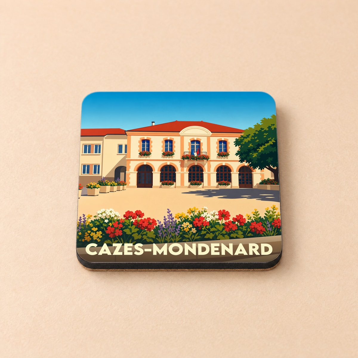 Dessous de verre souvenir de la ville de Cazes-Mondenard avec une illustration stylisée de sa mairie fleurie.