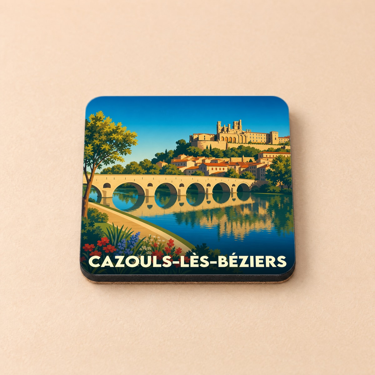 Dessous de verre souvenir de la ville de Cazouls-lès-Béziers avec une illustration stylisée d'un pont et de la cité médiévale.