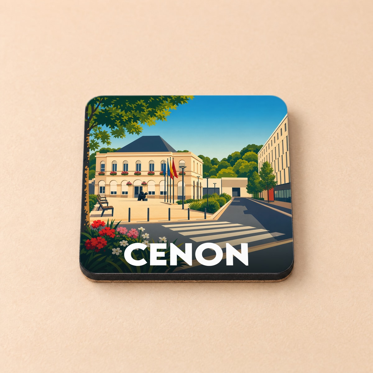 Dessous de verre souvenir de la ville de Cenon avec une illustration stylisée.