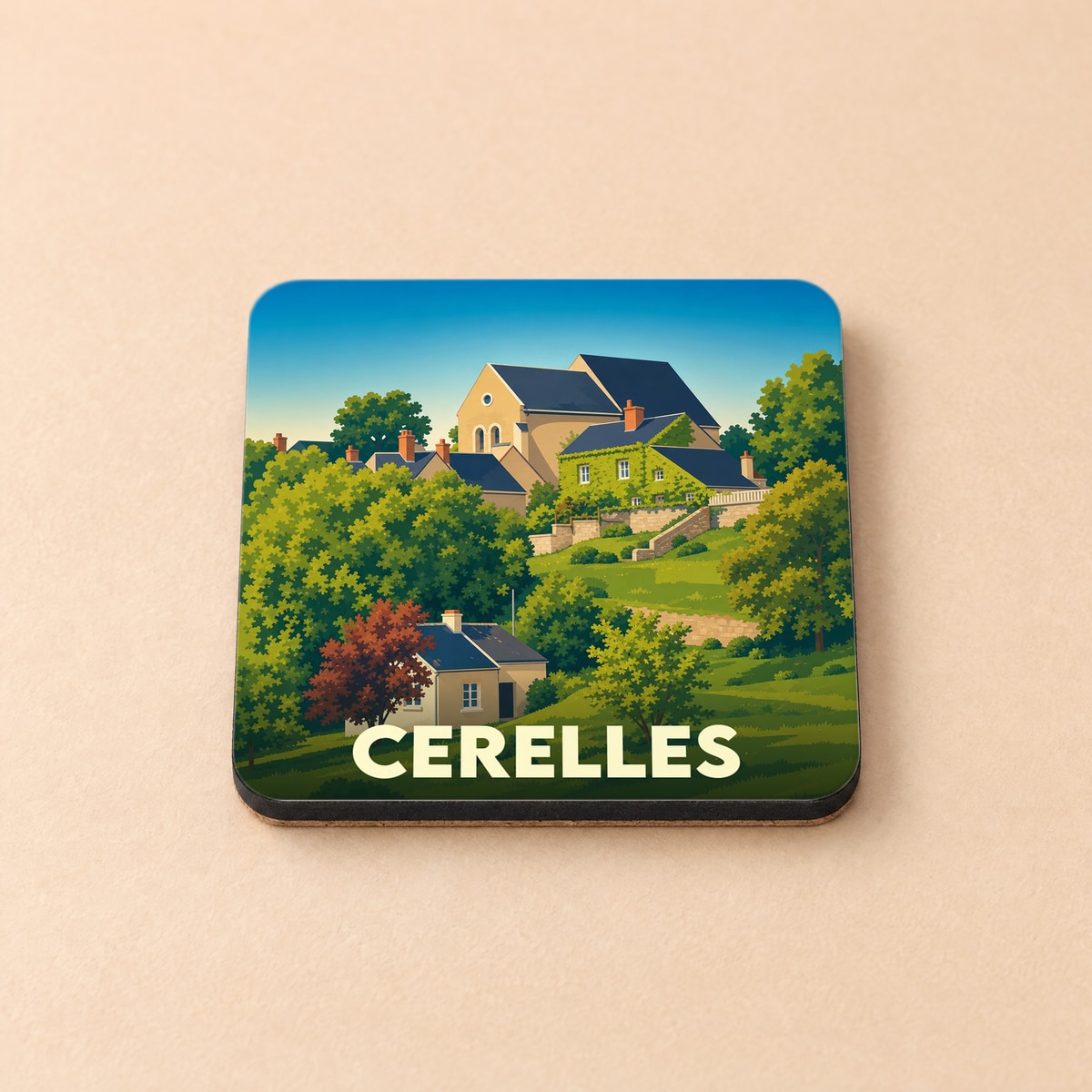 Dessous de verre souvenir de la ville de Cerelles avec une illustration stylisée.