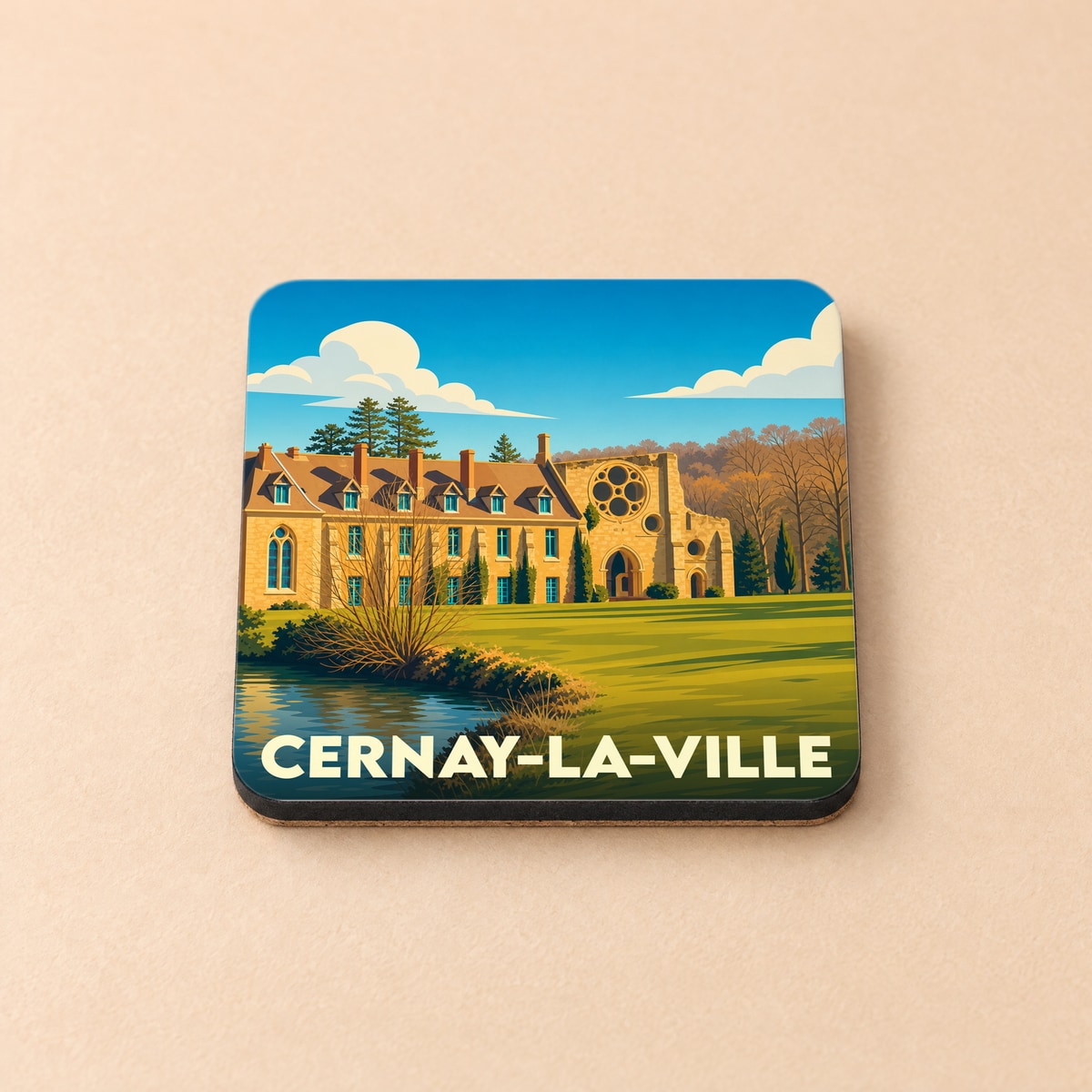 Dessous de verre souvenir de Cernay-la-Ville avec une illustration stylisée de son abbaye.