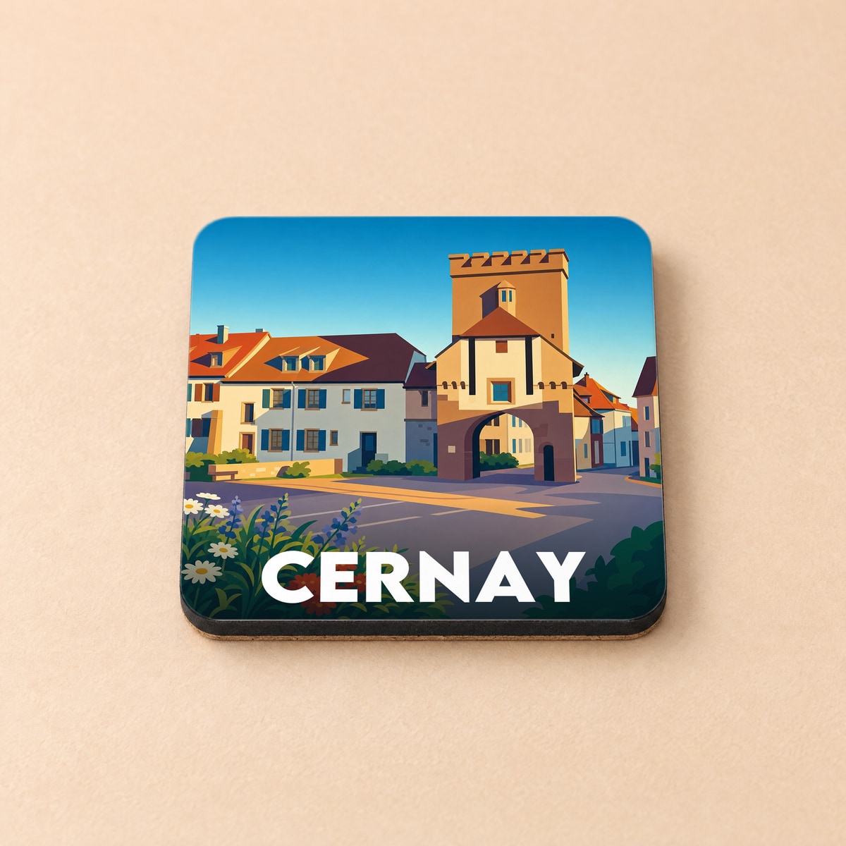 Dessous de verre souvenir de la ville de Cernay avec une illustration stylisée de son architecture historique.
