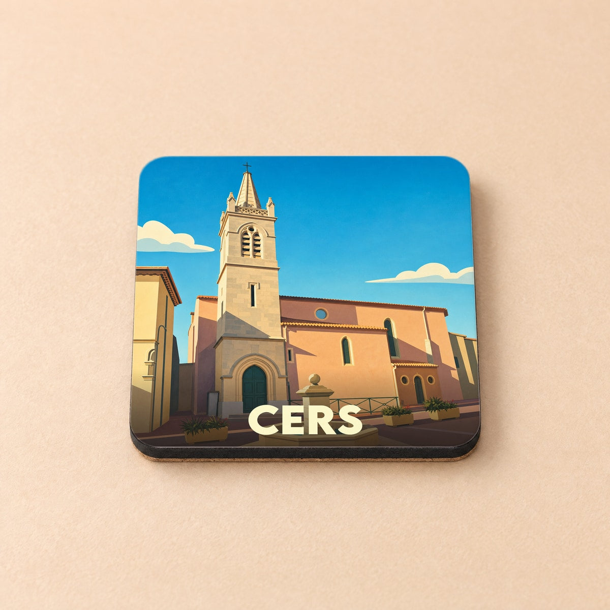 Dessous de verre souvenir de la ville de Cers avec une illustration stylisée de son église.