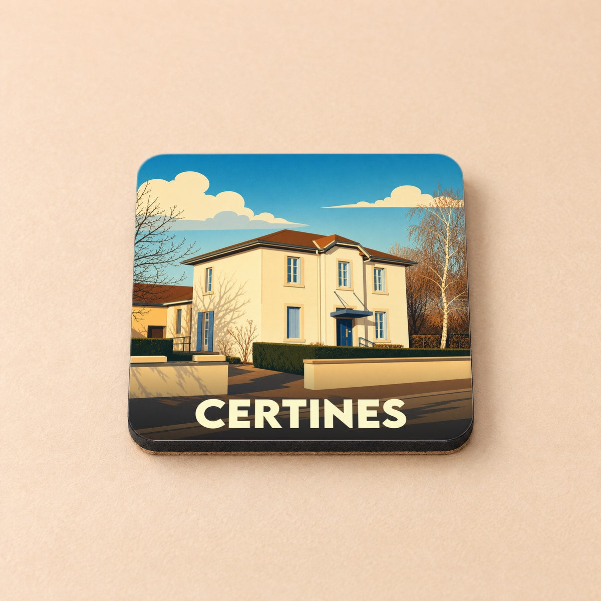 Dessous de verre souvenir de la ville de Certines avec une illustration stylisée d'un bâtiment local.