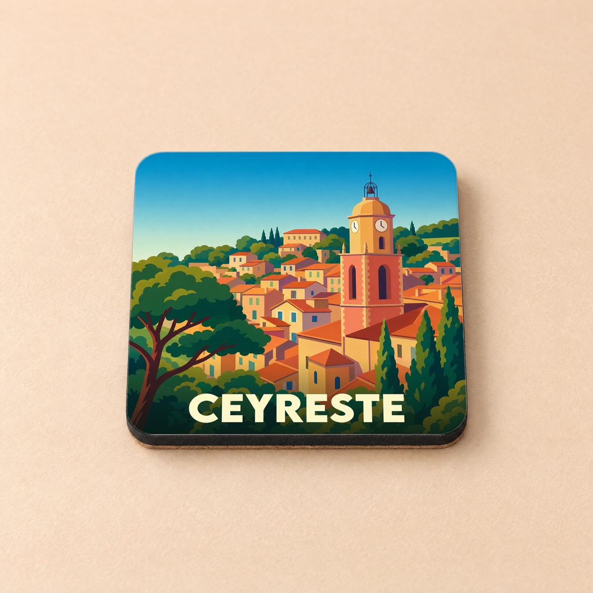 Dessous de verre souvenir de la ville de Ceyreste avec une illustration stylisée.