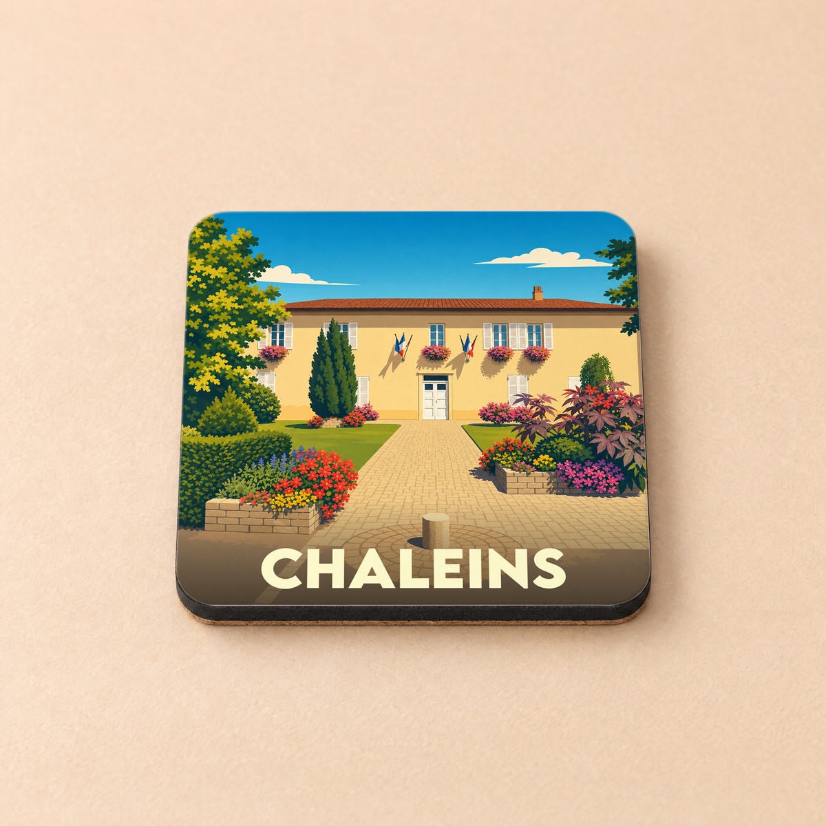 Dessous de verre souvenir de la ville de Chaleins avec une illustration stylisée de sa mairie fleurie.
