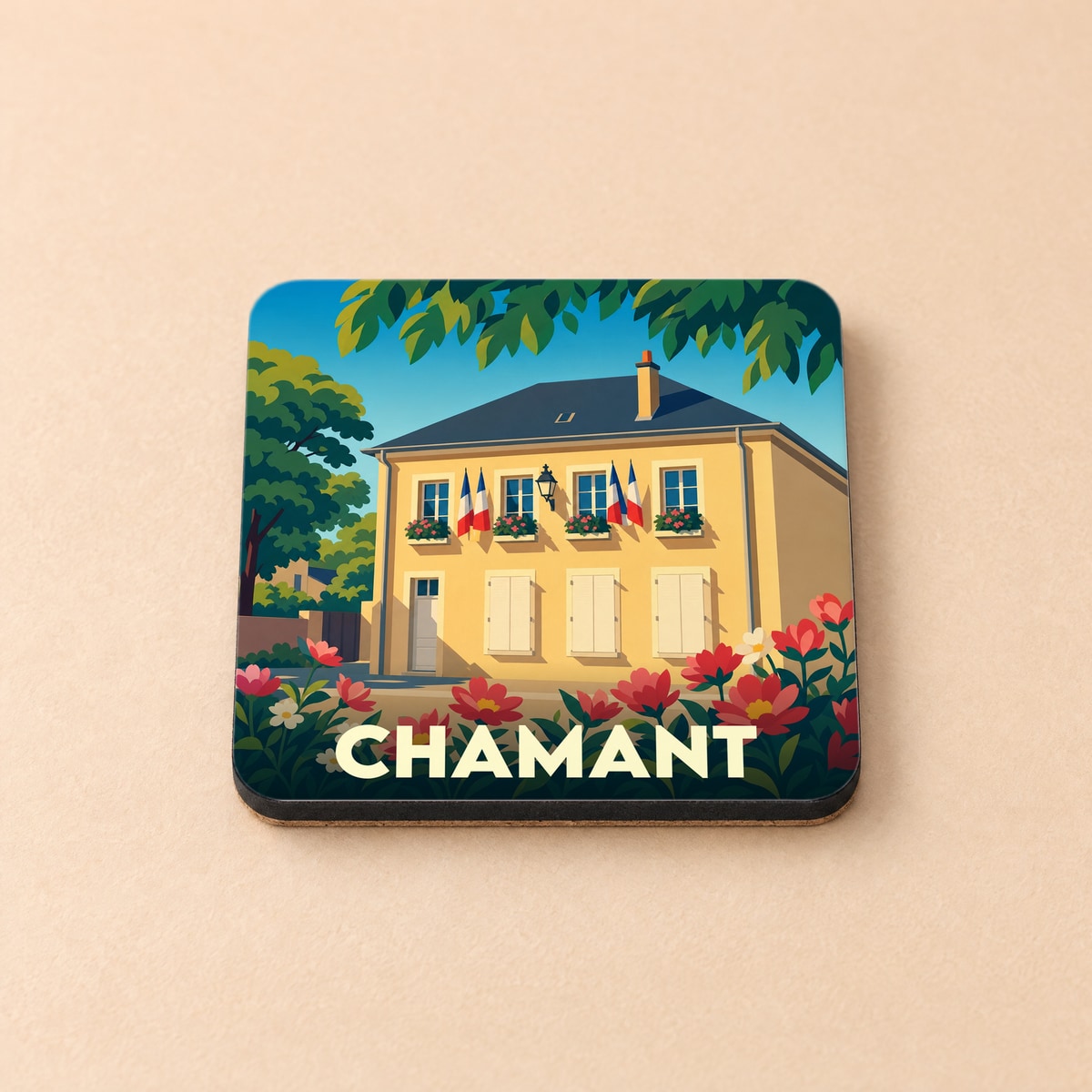 Dessous de verre souvenir de la ville de Chamant avec une illustration stylisée de sa mairie fleurie.