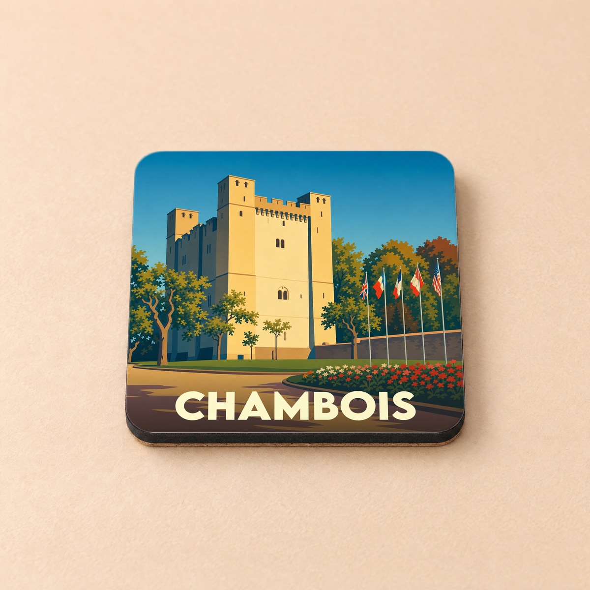 Dessous de verre souvenir de la ville de Chambois avec une illustration stylisée de son donjon historique.