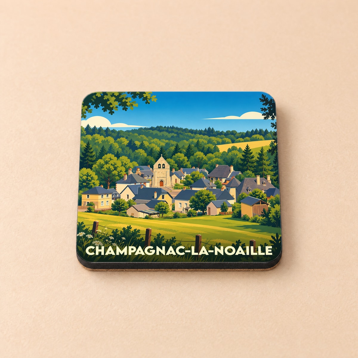 Dessous de verre souvenir de Champagnac-la-Noaille orné d'une illustration de village verdoyant.