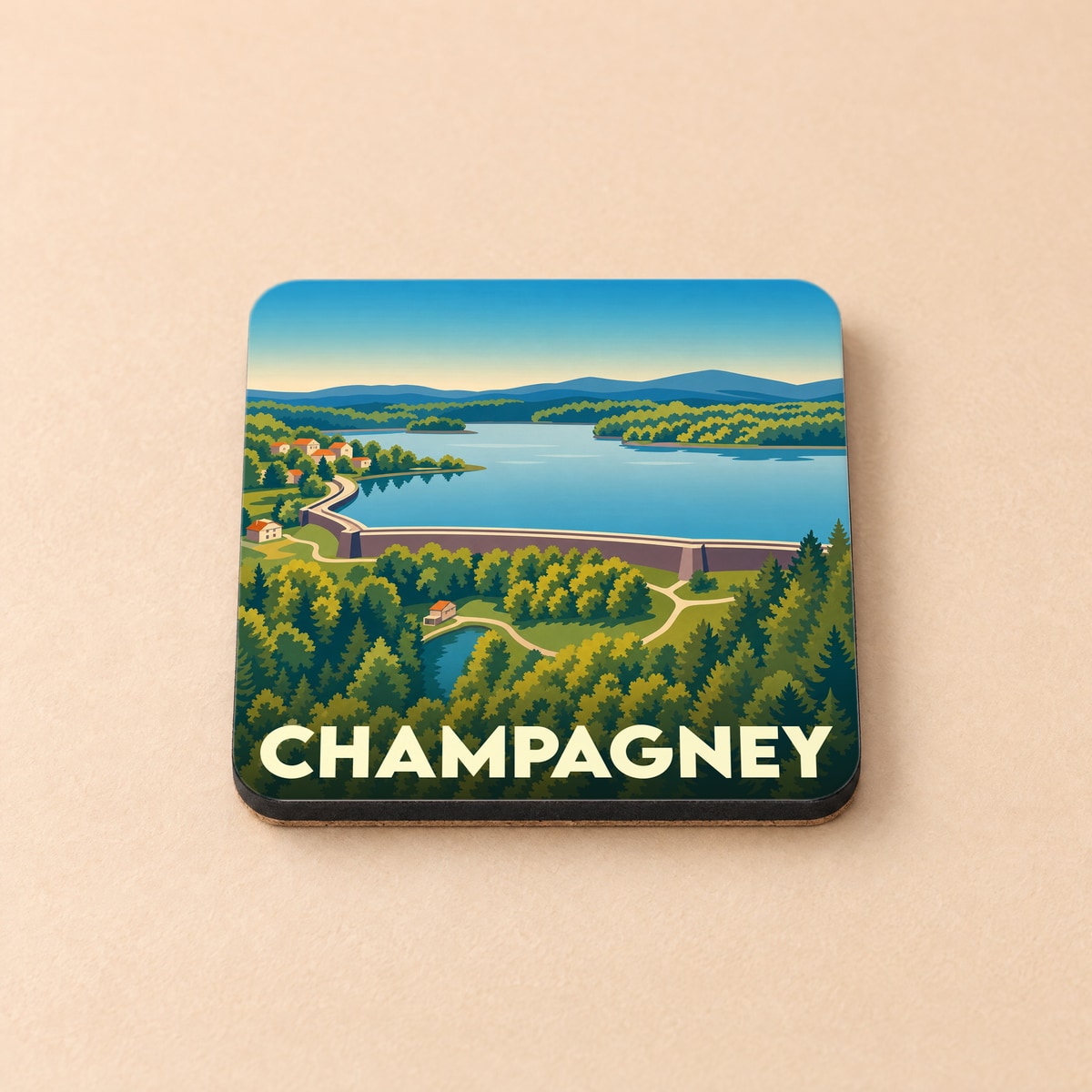 Dessous de verre souvenir de la ville de Champagney avec une illustration stylisée de son lac et de son barrage.