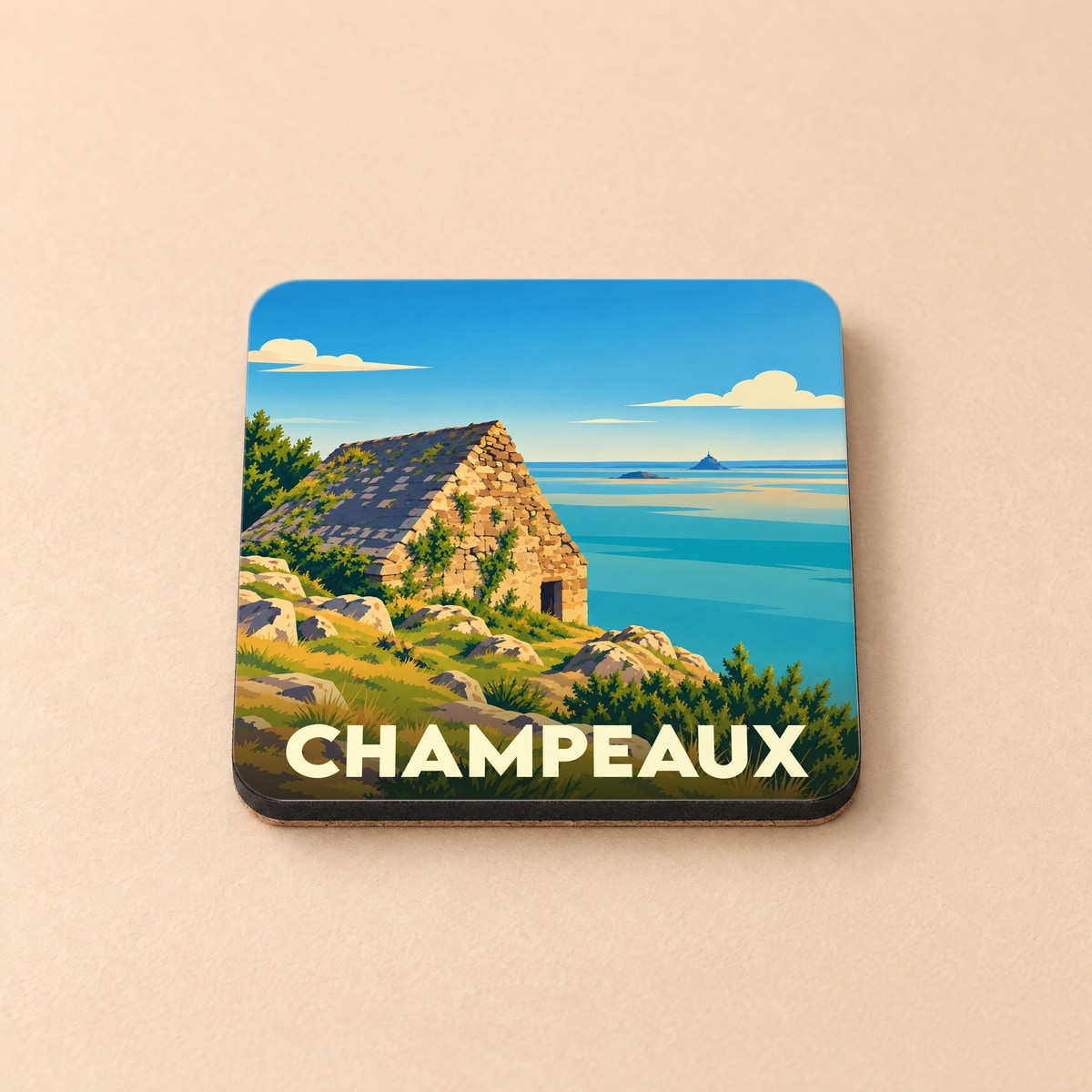 Dessous de verre souvenir de la ville de Champeaux illustrant une cabane en pierre face au Mont-Saint-Michel.