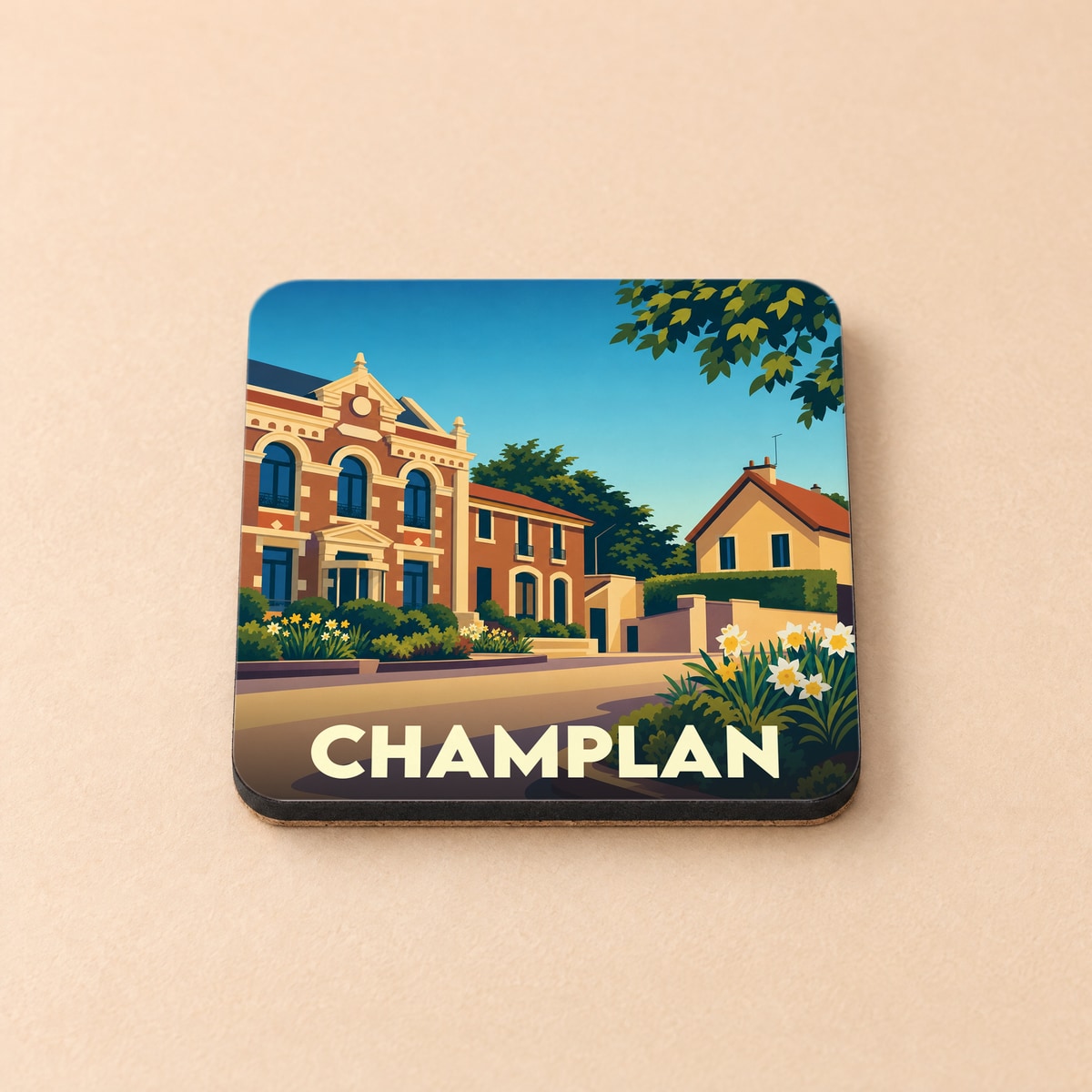 Dessous de verre souvenir de la ville de Champlan avec une illustration stylisée.