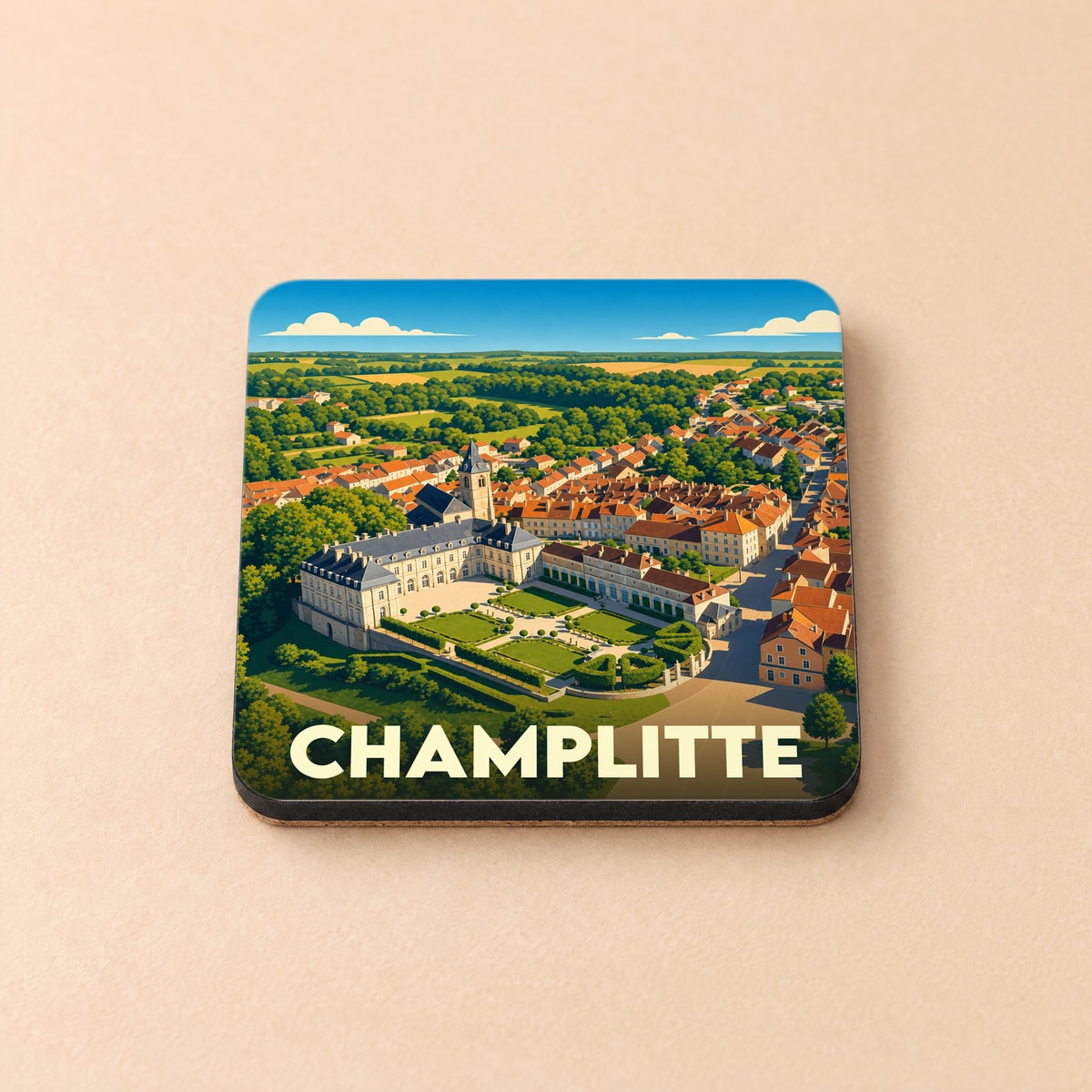 Dessous de verre souvenir de la ville de Champlitte avec une illustration stylisée vue du ciel.