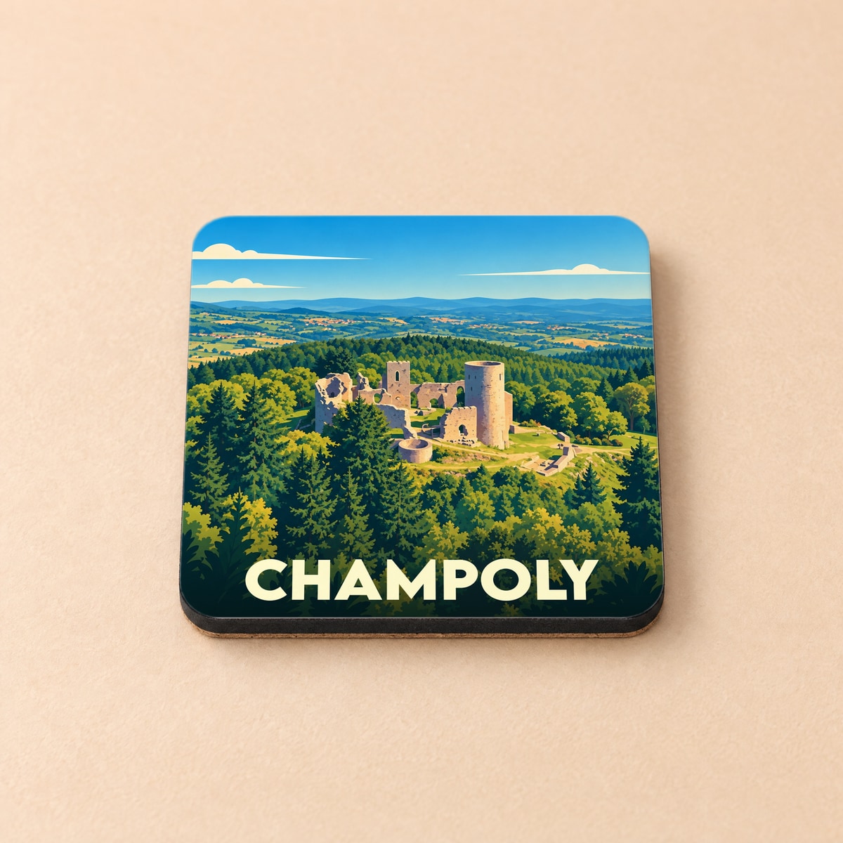 Dessous de verre souvenir de la ville de Champoly avec une illustration stylisée des ruines d'un château médiéval en pleine forêt.