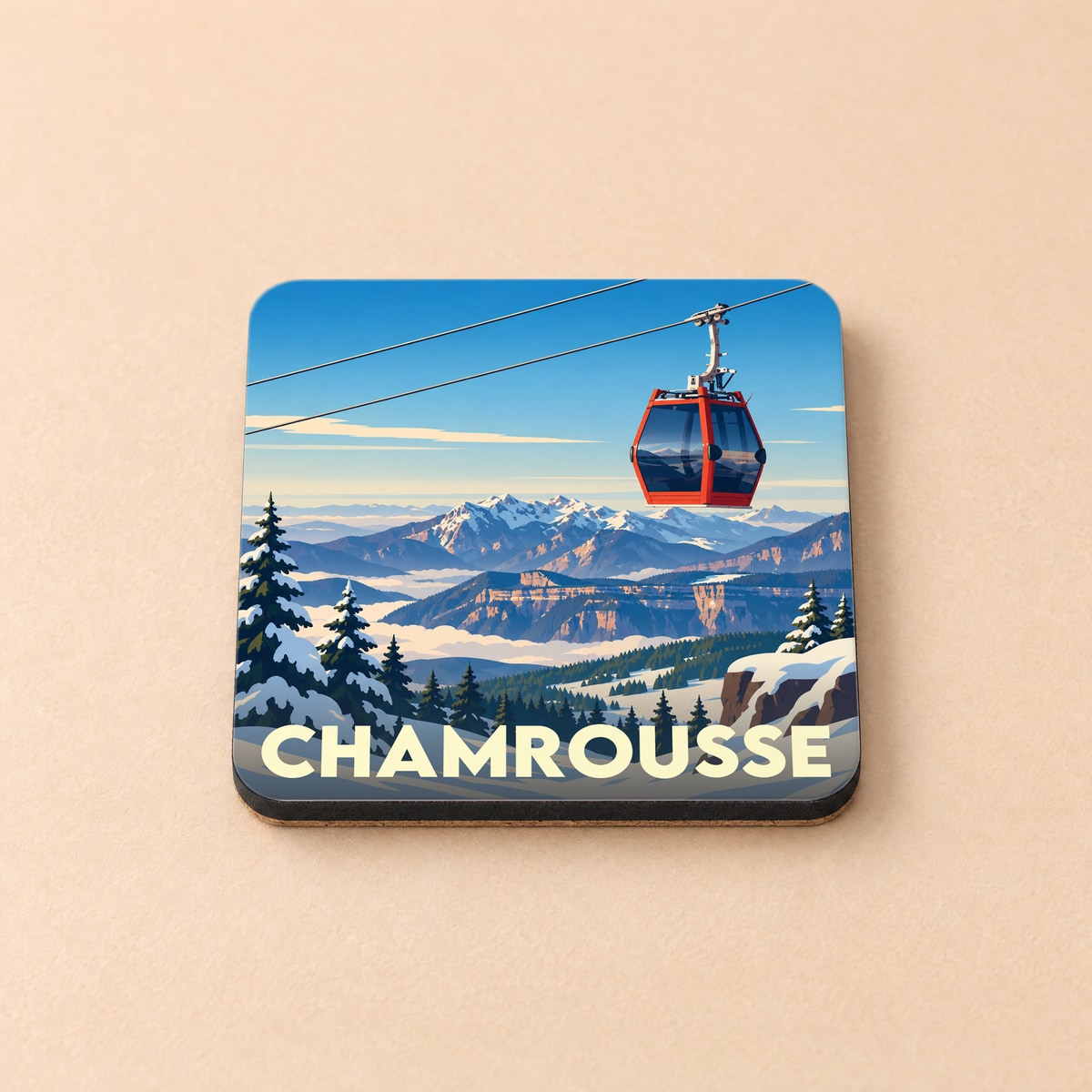 Dessous de verre souvenir de la ville de Chamrousse avec une illustration stylisée d'un téléphérique survolant des montagnes enneigées.
