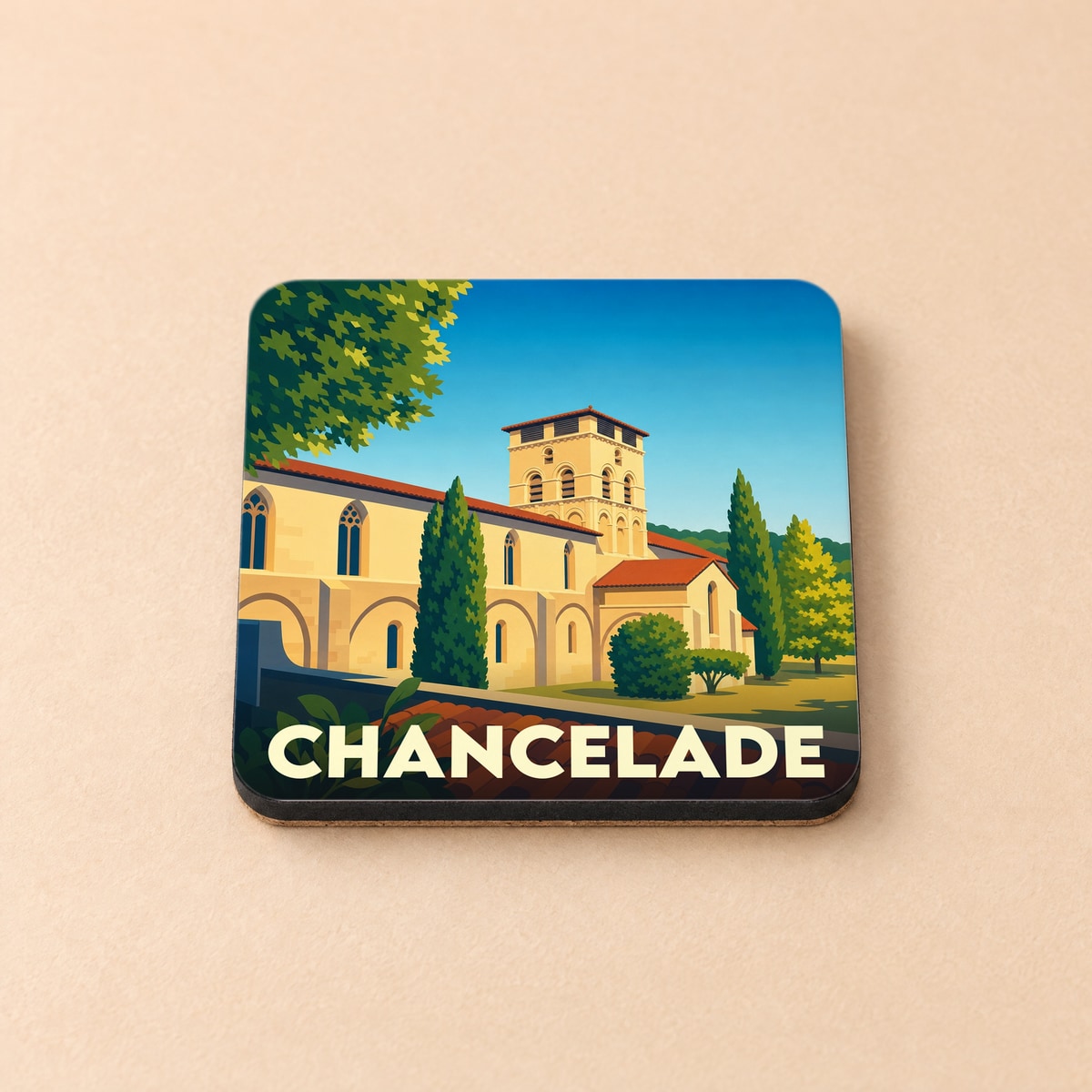 Dessous de verre souvenir de la ville de Chancelade avec une illustration stylisée de son abbaye.