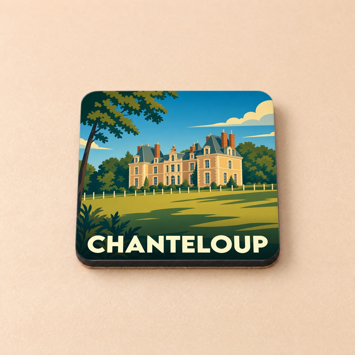 Dessous de verre souvenir de la ville de Chanteloup avec une illustration stylisée d'un château.