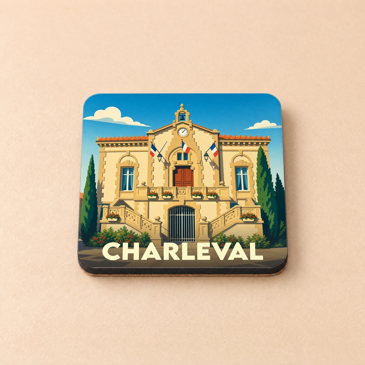 Dessous de verre souvenir de la ville de Charleval illustré par son hôtel de ville de style provençal.
