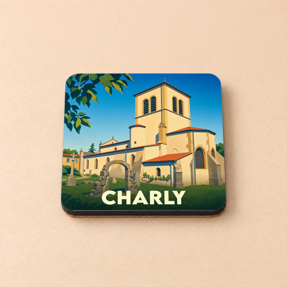 Dessous de verre souvenir de la ville de Charly avec une illustration stylisée de son église.