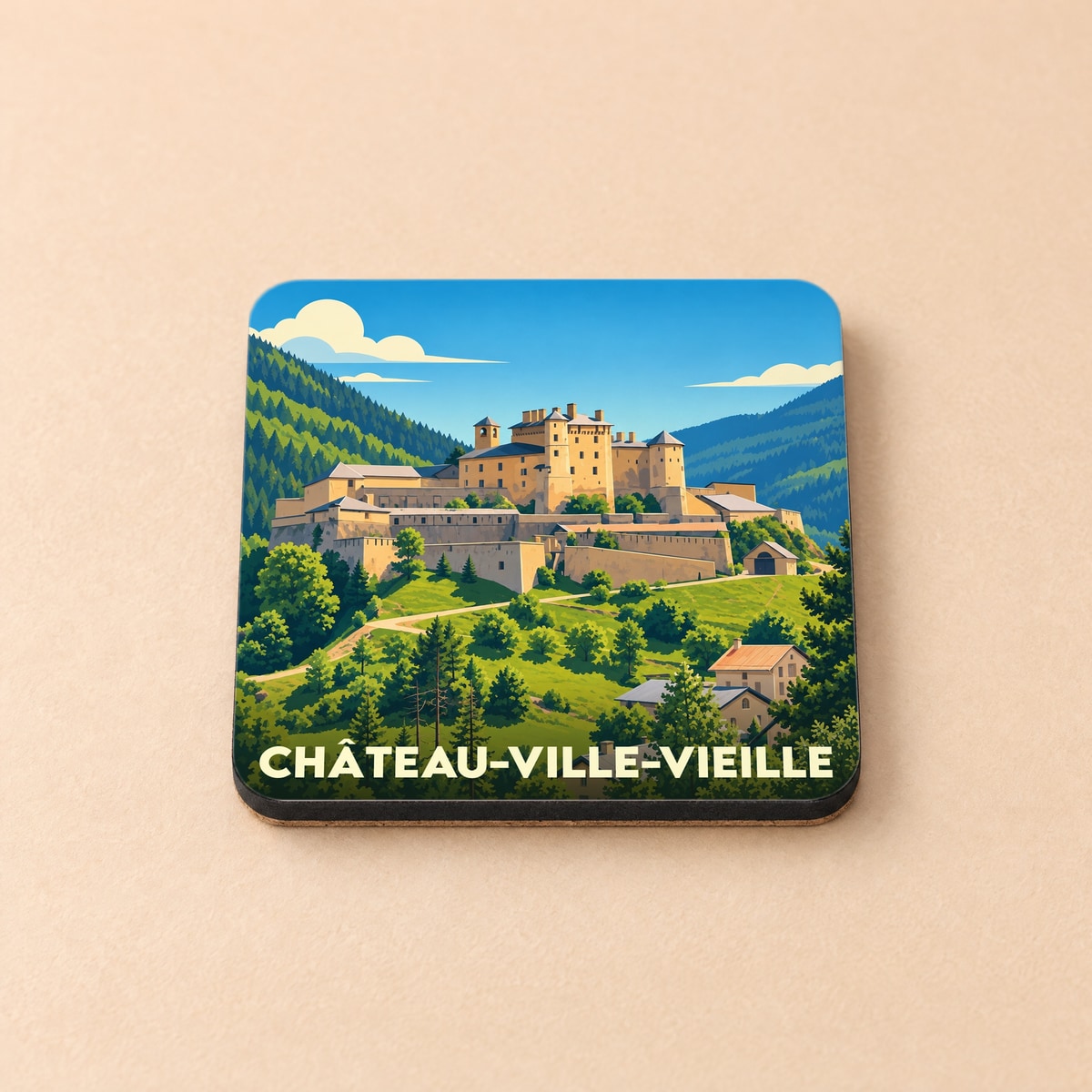 Dessous de verre souvenir de Château-Ville-Vieille illustré d'un paysage de montagne et de son fort.