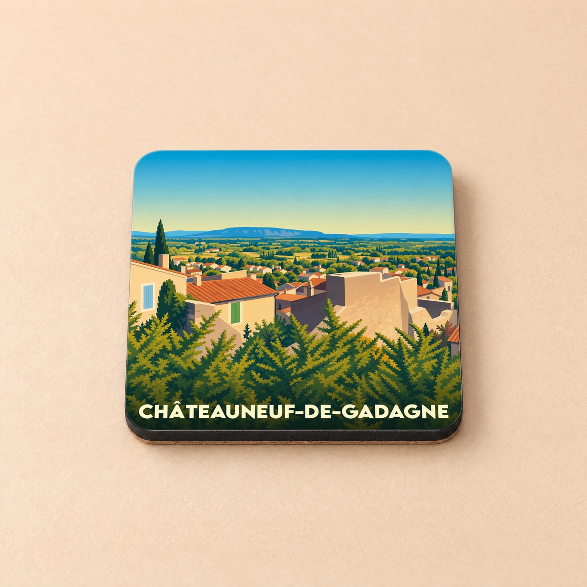 Dessous de verre souvenir de la ville de Châteauneuf-de-Gadagne avec une illustration stylisée.