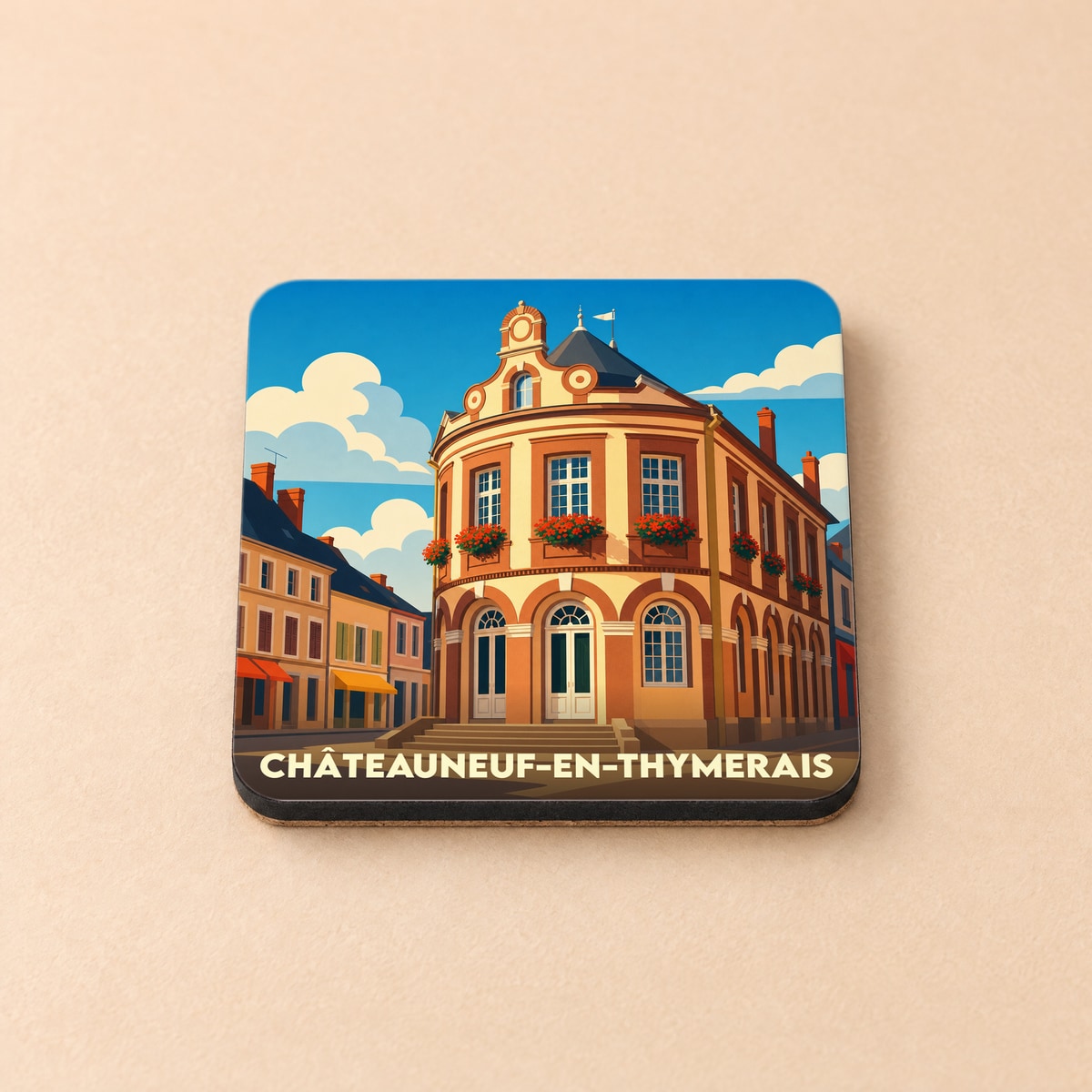 Dessous de verre souvenir de la ville de Châteauneuf-en-Thymerais avec une illustration stylisée.