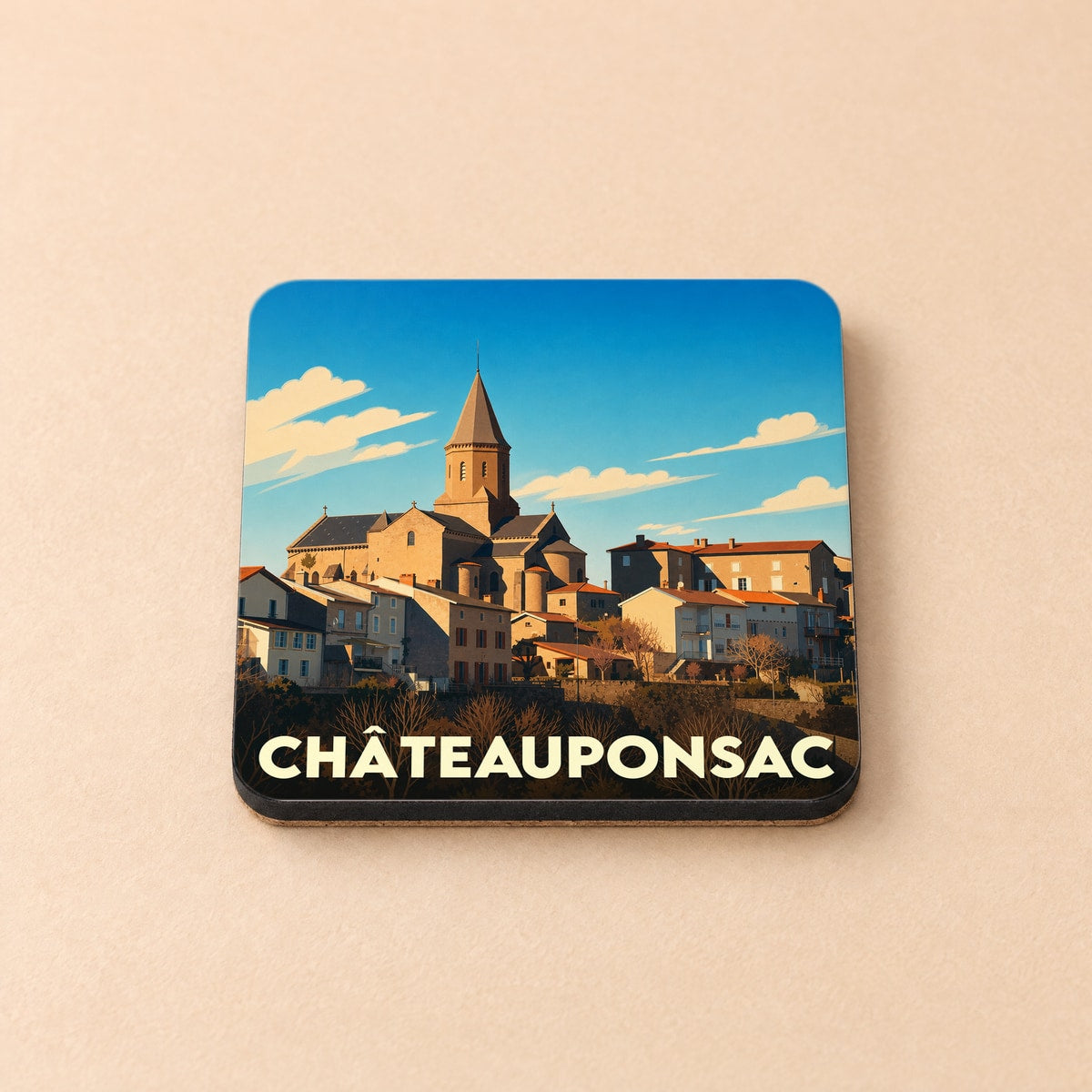 Dessous de verre souvenir de la ville de Châteauponsac avec une illustration stylisée.