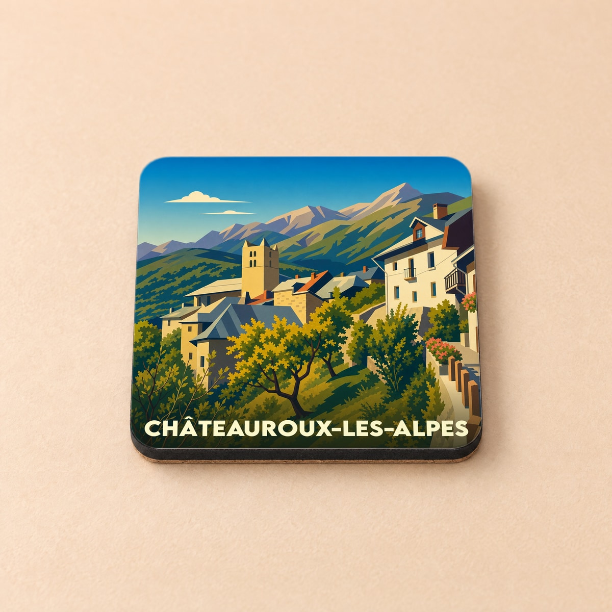 Dessous de verre souvenir de Châteauroux-les-Alpes avec une illustration stylisée du village et des montagnes.