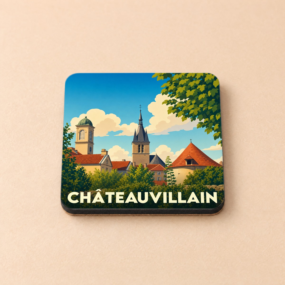 Dessous de verre souvenir de la ville de Châteauvillain avec une illustration stylisée.