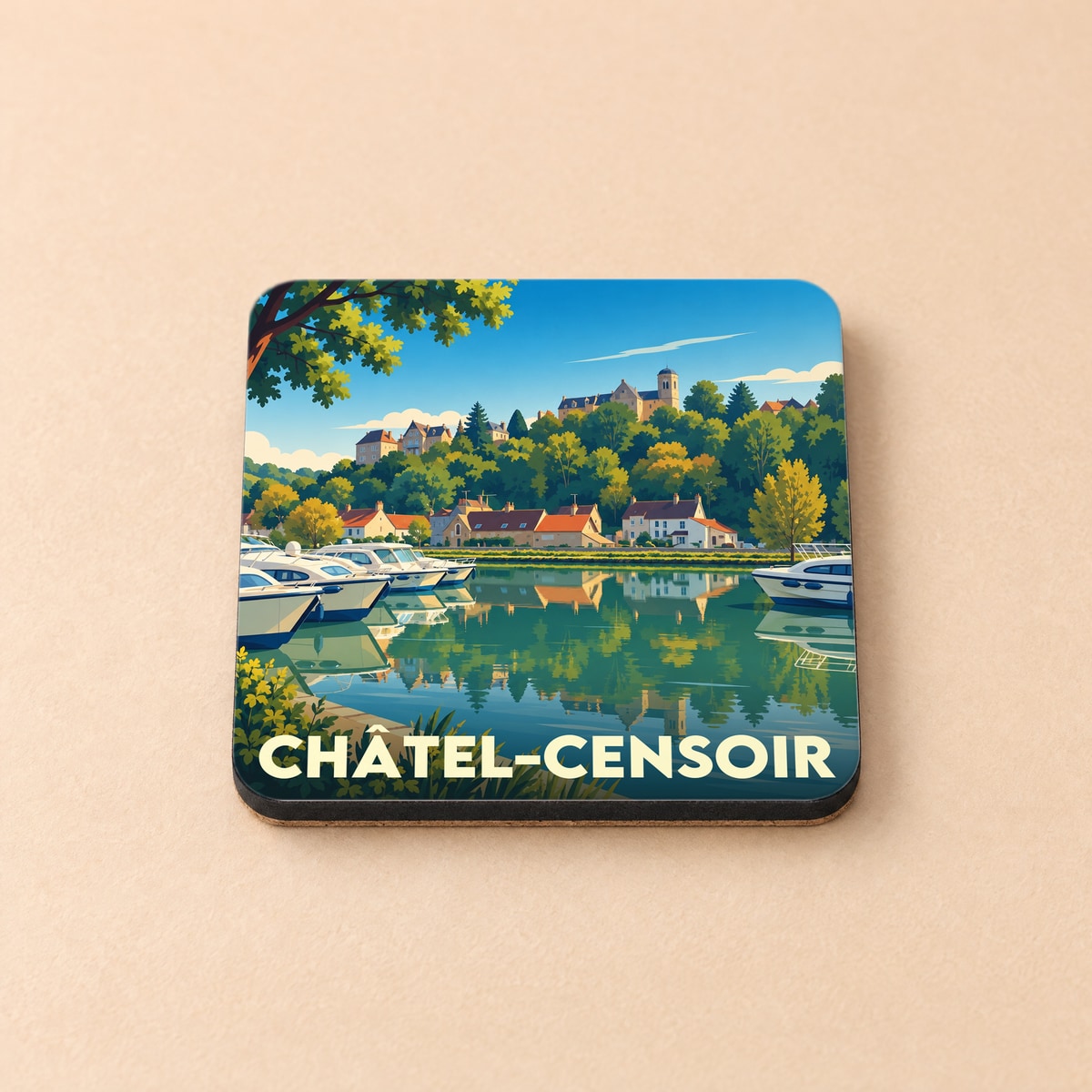 Dessous de verre souvenir de la ville de Châtel-Censoir avec une illustration stylisée des bords de l'Yonne.