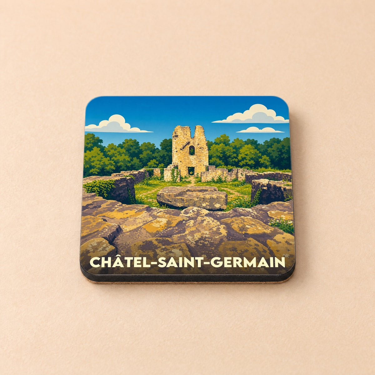 Dessous de verre souvenir de la ville de Châtel-Saint-Germain avec une illustration stylisée de ses ruines médiévales.