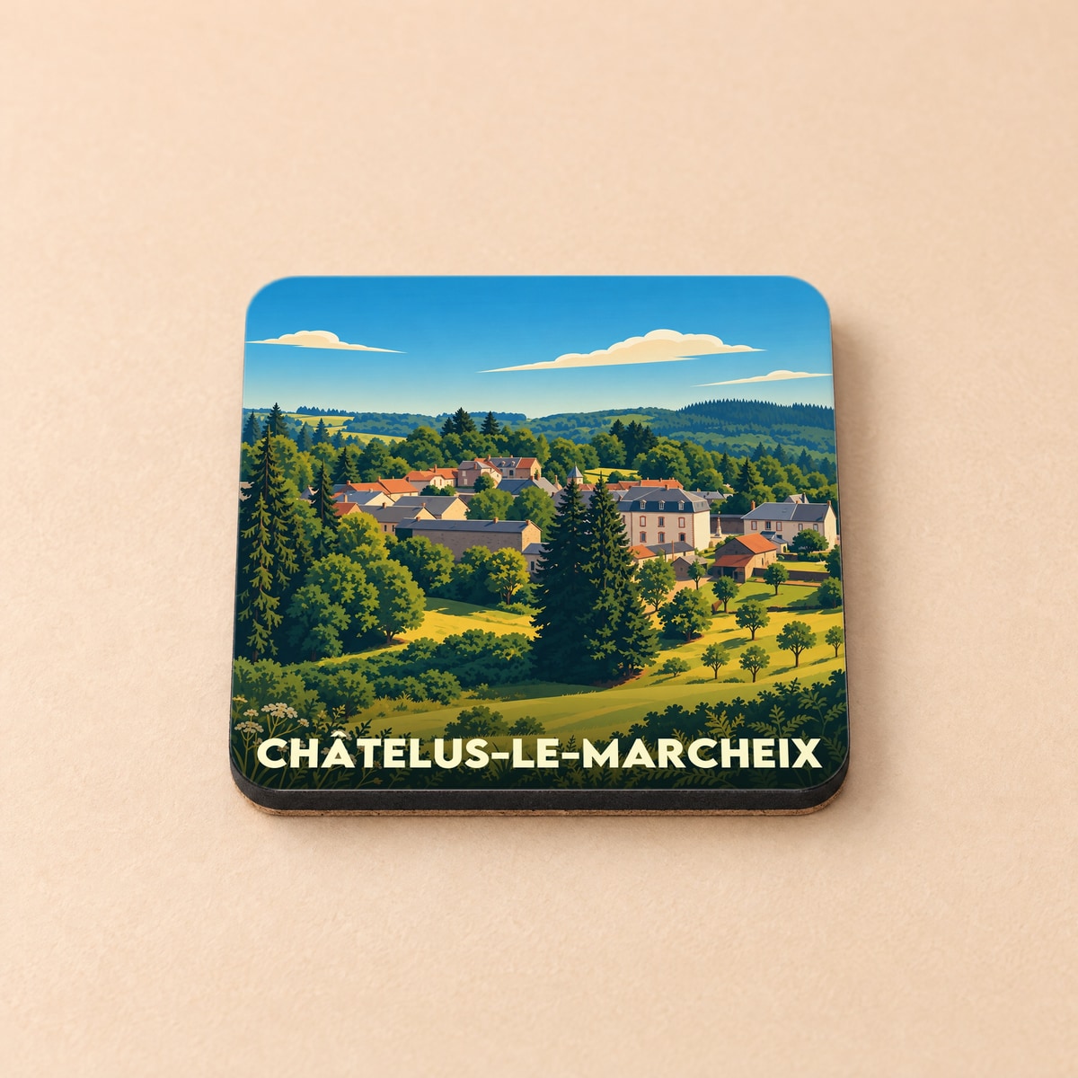 Dessous de verre souvenir de Châtelus-le-Marcheix avec une illustration de paysage de campagne stylisée.